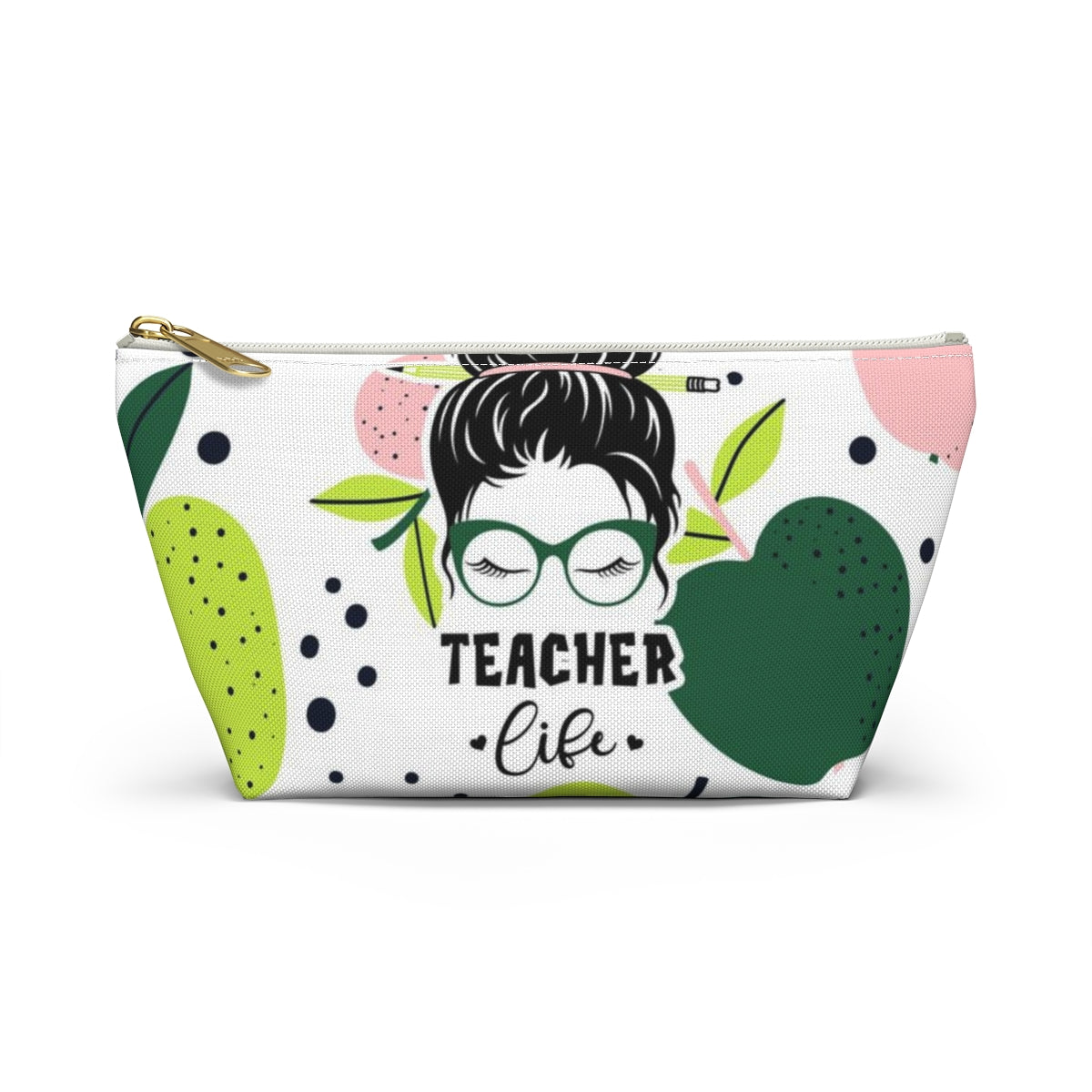 Teacher Life Cosmetic Pouch w T-bottom, Accessory Pouch, Pink and Green Apple Dot