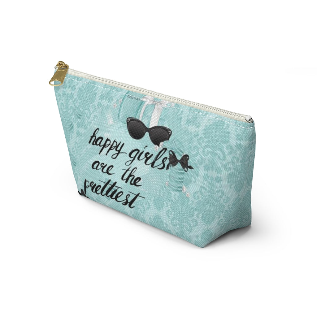 Happy Girls are the Prettiest Cosmetic Pouch w T-bottom, Accessory Pouch, Breakfast at Tiffany