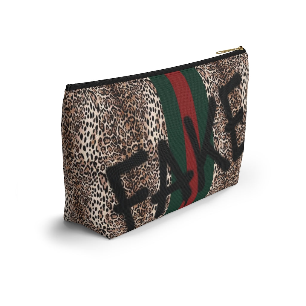 FAKE Fashion Cosmetic Pouch w T-bottom, Accessory Pouch, Leopard Red Green Stripe