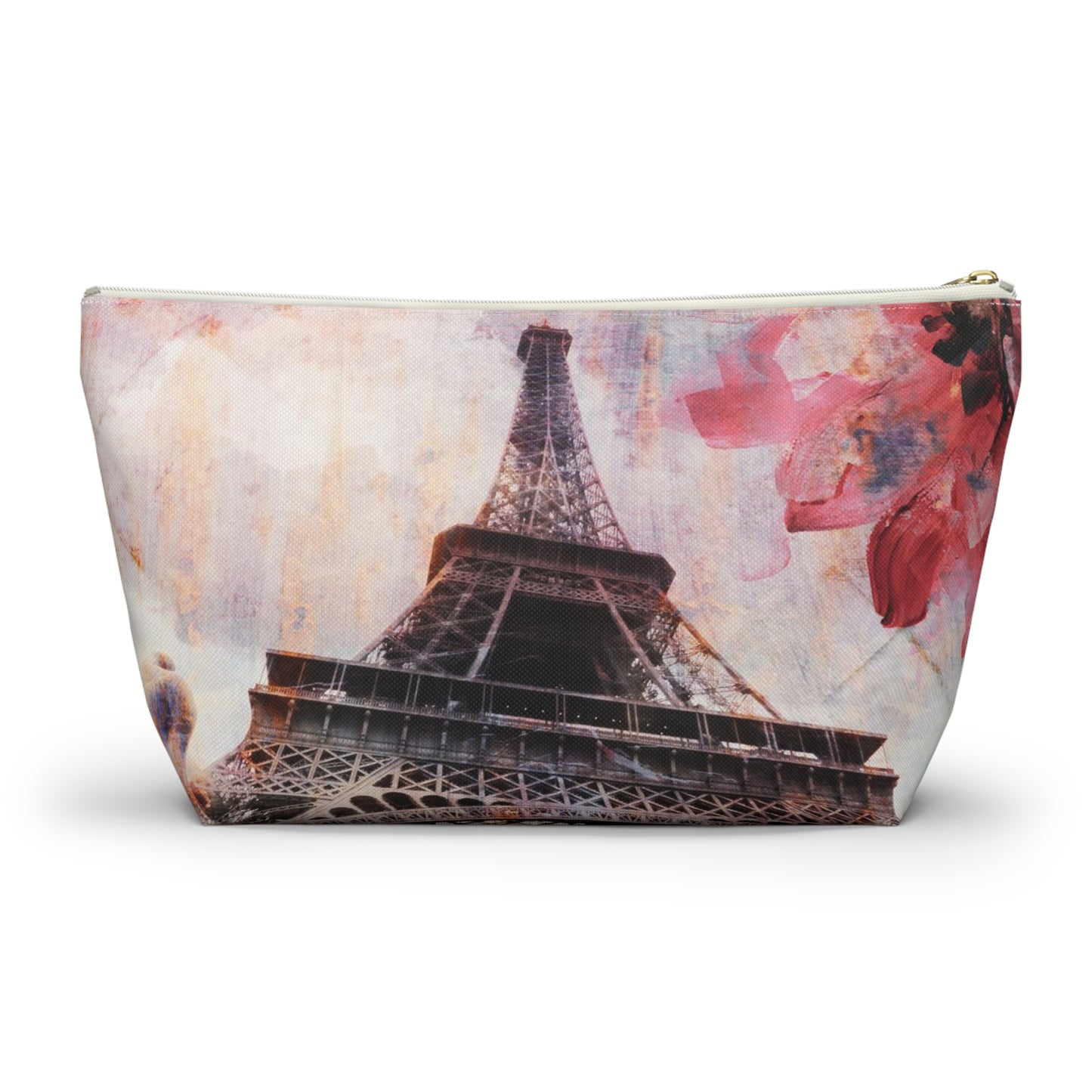 Eiffel Tower Cosmetic Pouch w T-bottom, Accessory Pouch - Paris Abstract Flower