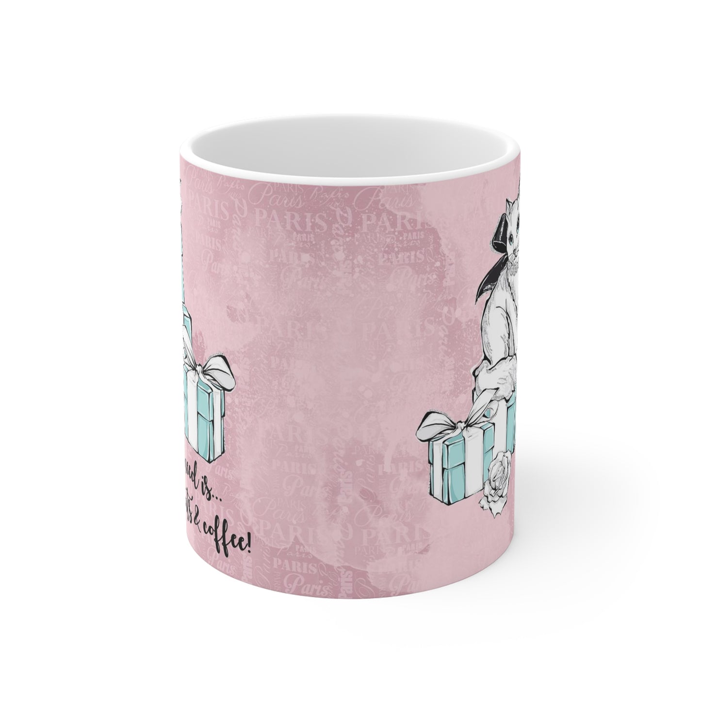 Cat Lovers Mug 11oz - Pink All I need is love life cat and coffee cup