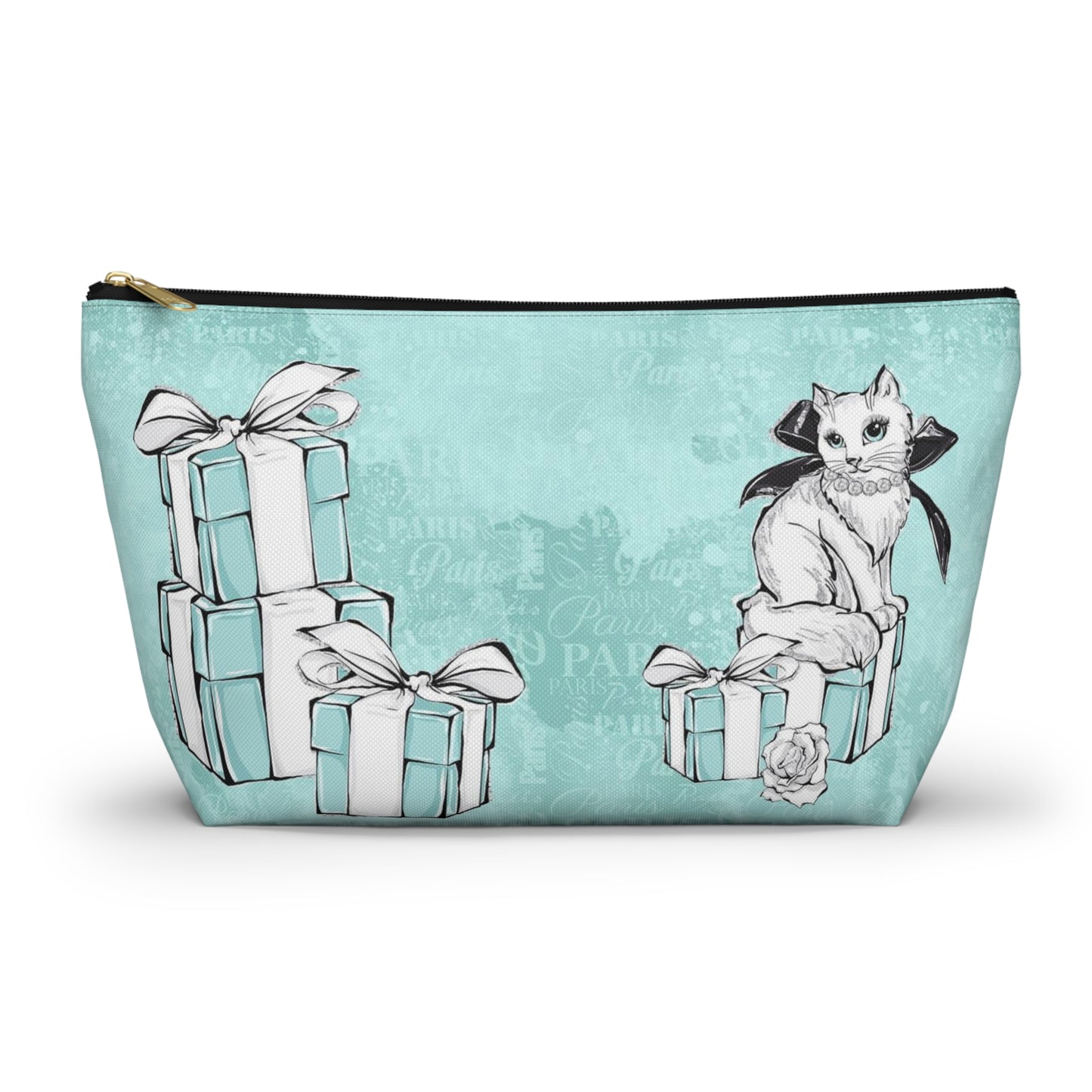 Personalized Kitty Cat Cosmetic Pouch w T-bottom, Accessory Pouch, Cat Lovers Little Blue Gift Box - Paris Blue