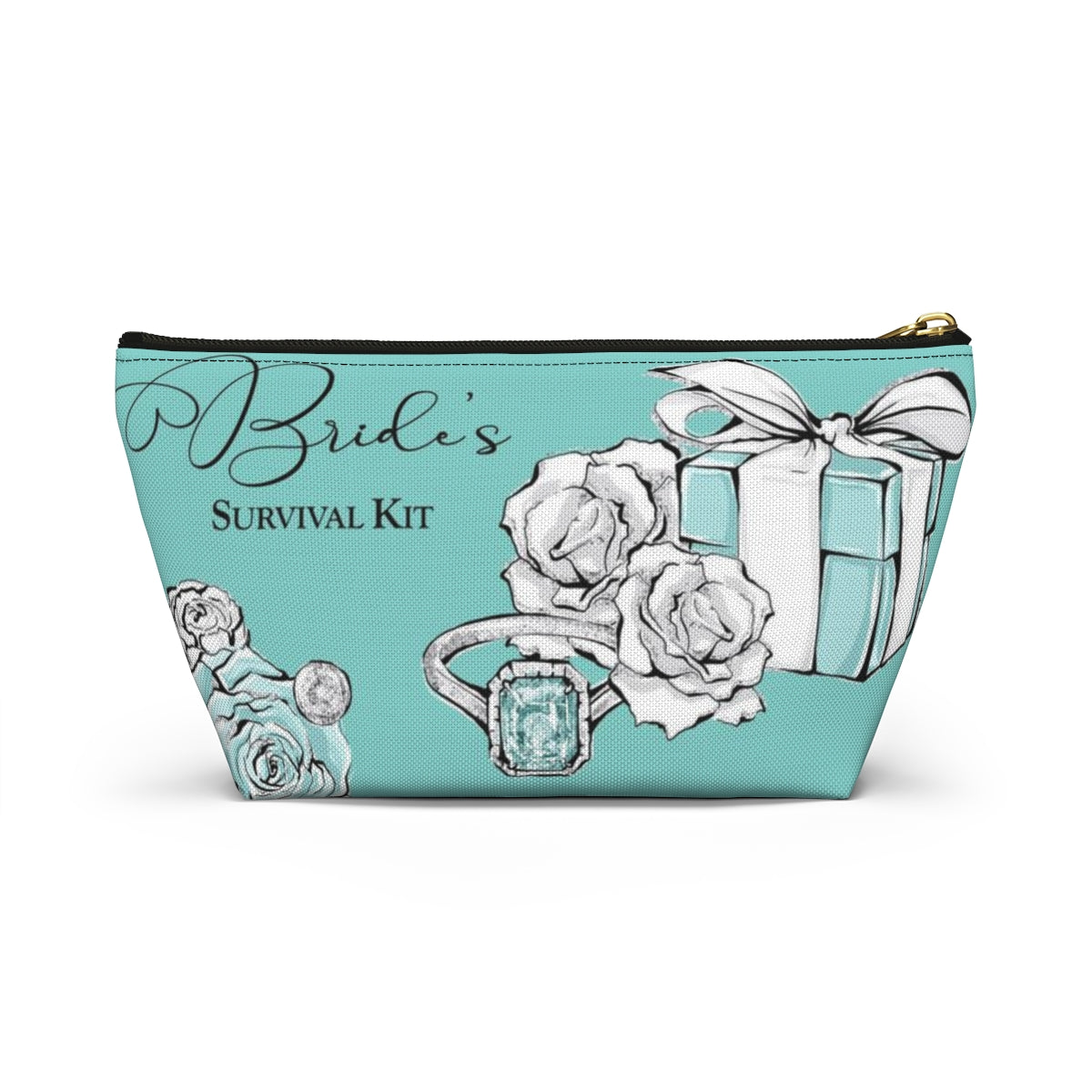 Brides Survival Kit Cosmetic Pouch w T-bottom, Accessory Pouch, Blue Green