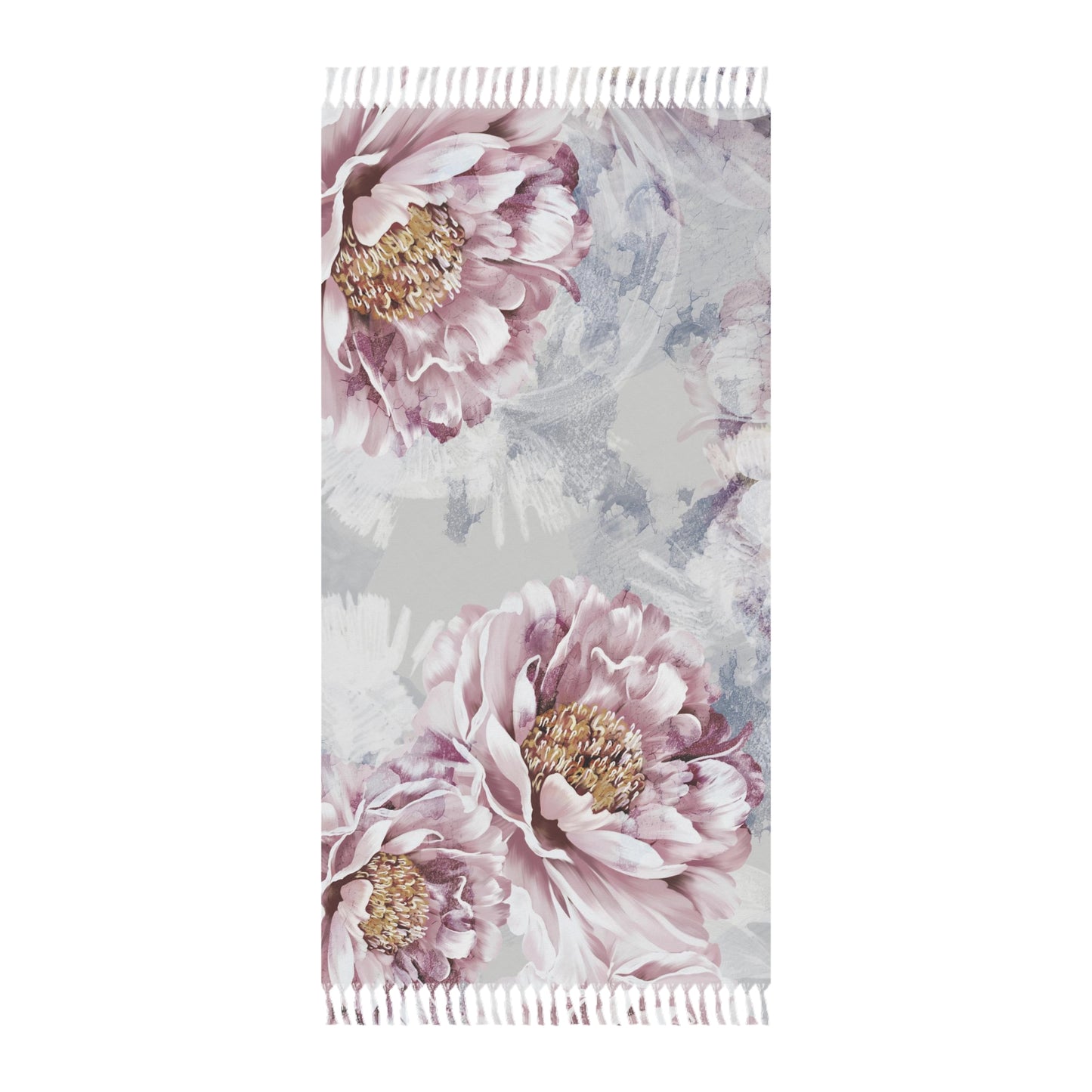 Abstract Peony Wrap, Beach Cloth with Fringe - Pink Peony Grey Abstract