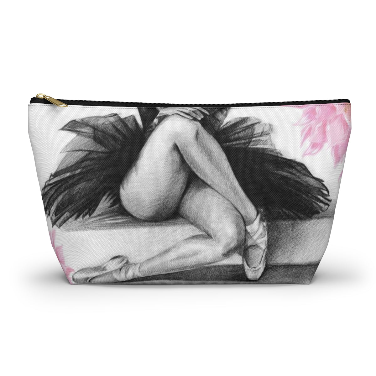 Ballet Cosmetic Pouch w T-bottom, Accessory Pouch, Pink Flowers