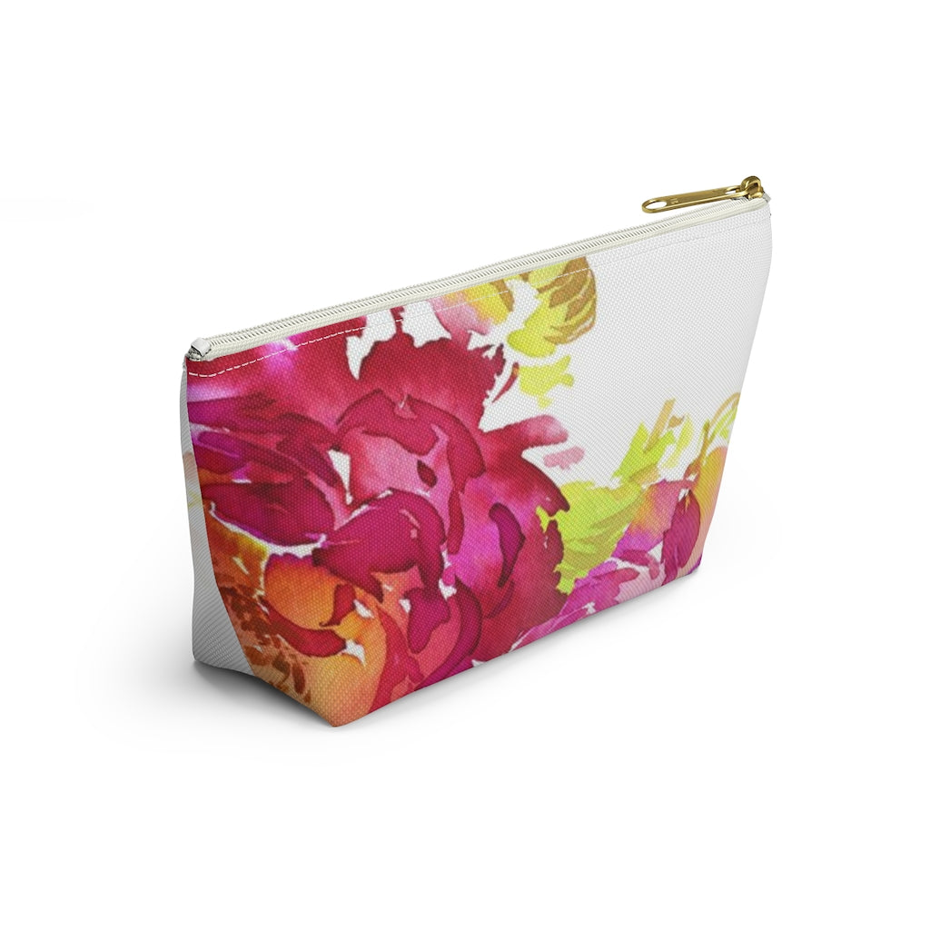 Bright Floral Cosmetic Pouch w T-bottom, Accessory Pouch, Pink