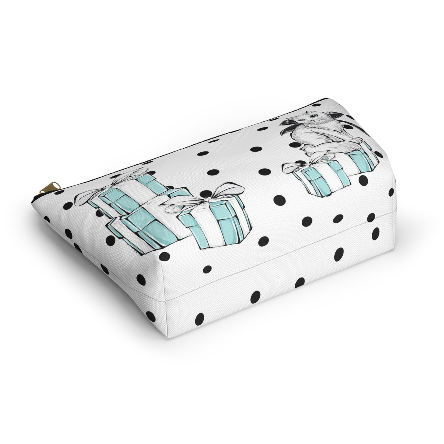 Personalized Kitty Cat Cosmetic Pouch w T-bottom, Accessory Pouch, Cats Polka Dot Breakfast at Tiffany