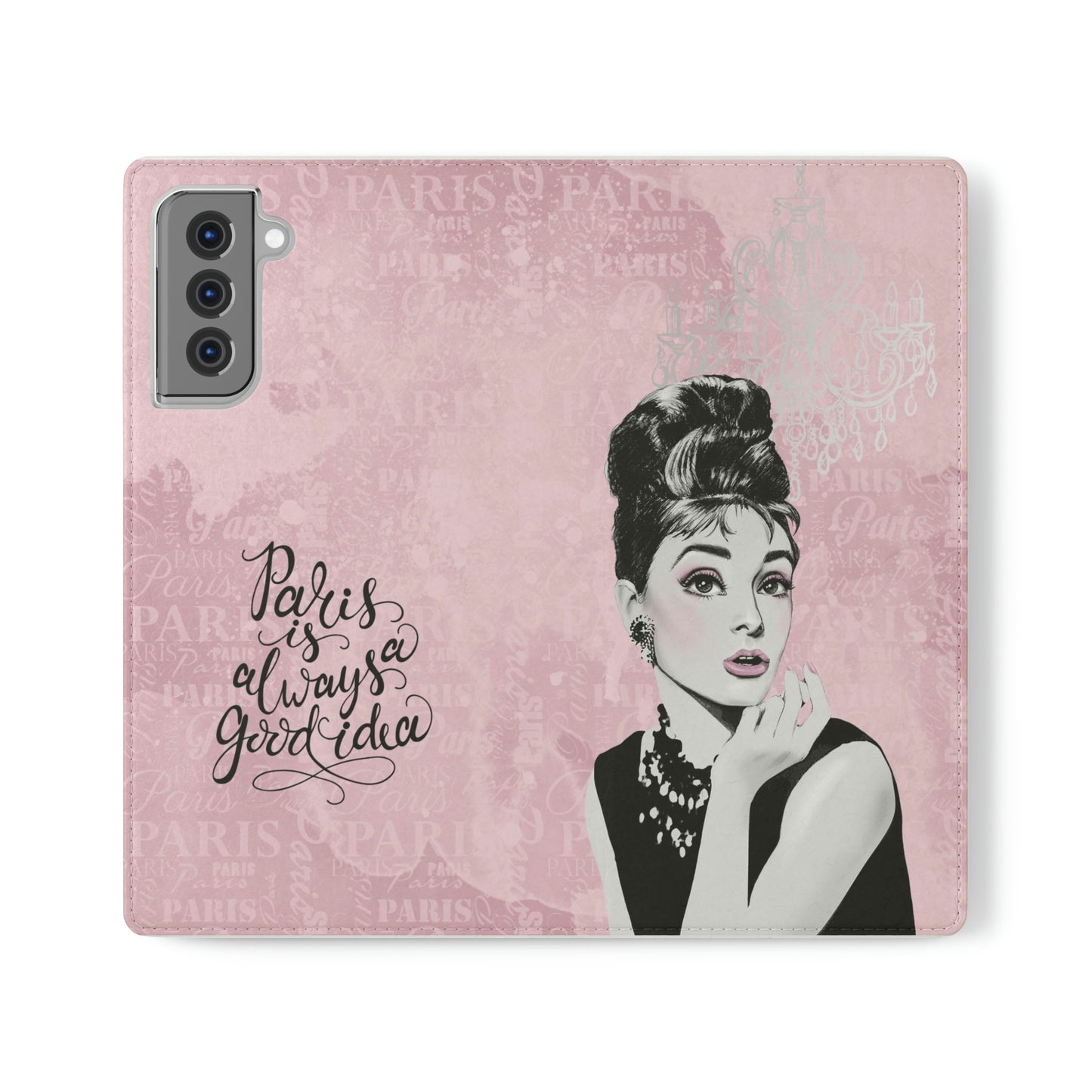 Audrey Hepburn Phone Case, Pink Paris Folio Phone Case, Paris is Always a Good Idea Smart Phone Folding Case