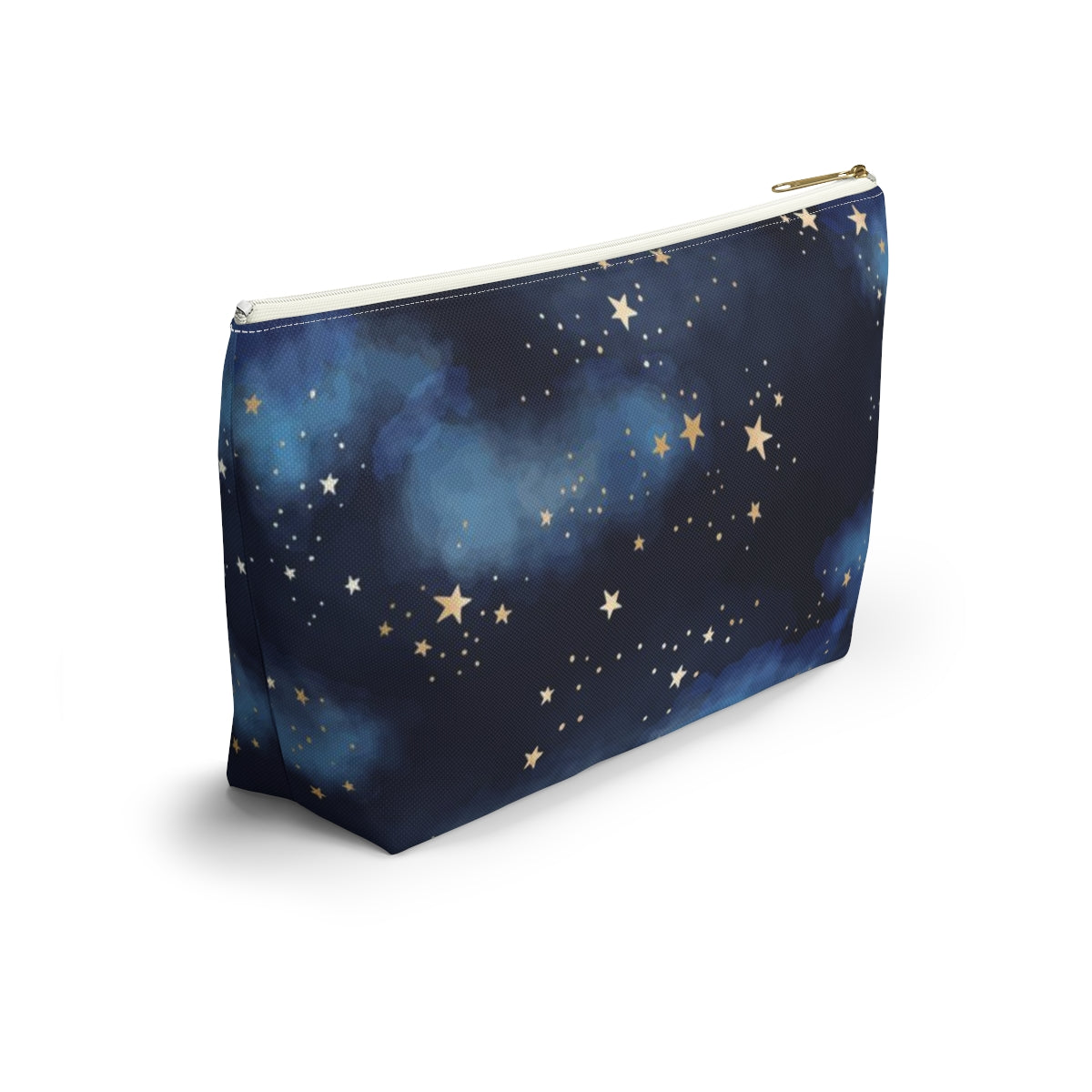 Personalized Starry Night Cosmetic Pouch w T-bottom, Accessory Pouch - Midnight Blue Clouds Gold Stars