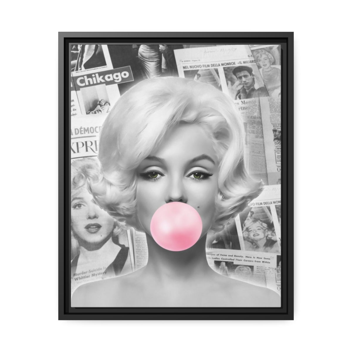 Marilyn Monroe Wall Canvas, Matte Canvas, Black Frame - International News Marilyn Bubblegum