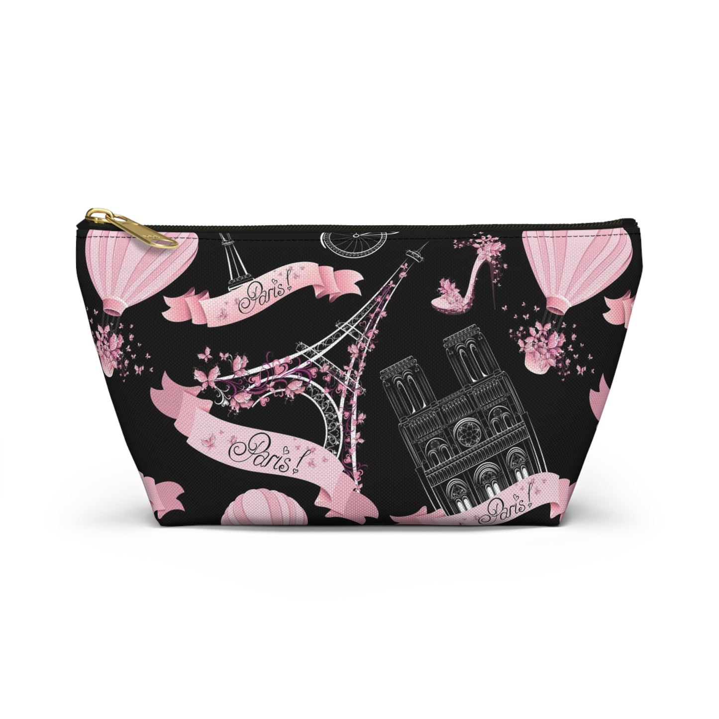 Whimsy in Paris Cosmetic Pouch w T-bottom, Accessory Pouch - Pink and Black Eiffel Tower Paris France Pouch