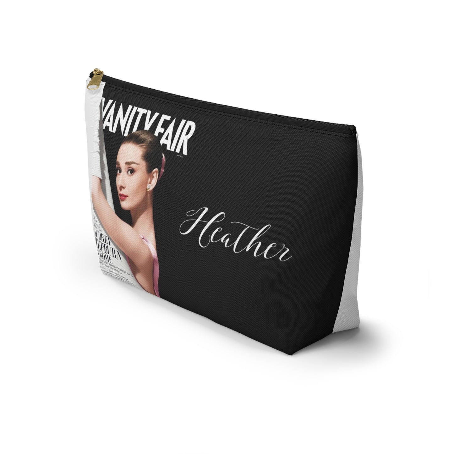 Personalized Audrey Hepburn Cosmetic Pouch w T-bottom, Accessory Pouch - Audrey Hepburn Vanity Fair Color Block Bag