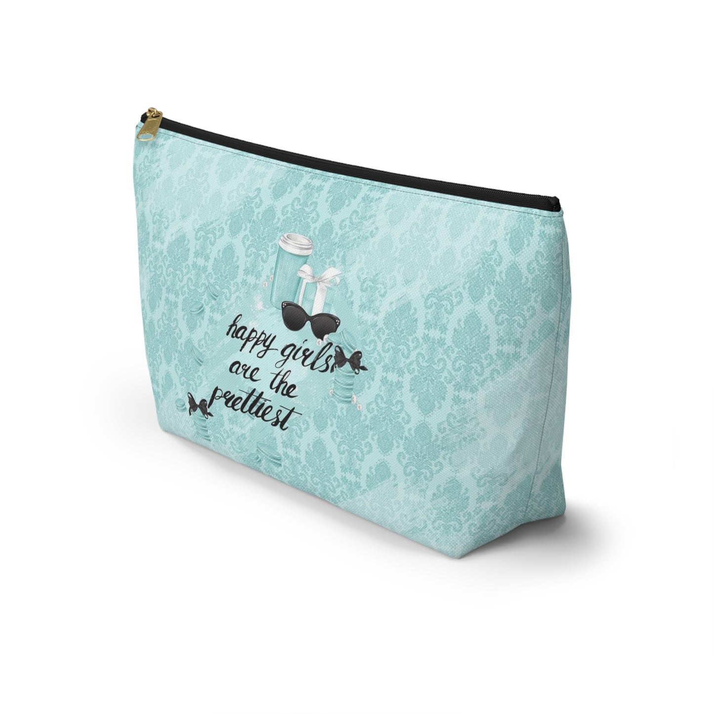 Happy Girls are the Prettiest Cosmetic Pouch w T-bottom, Accessory Pouch, Breakfast at Tiffany