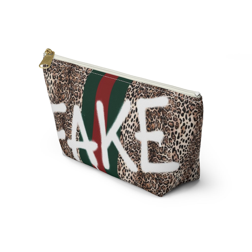 FAKE Fashion Cosmetic Pouch w T-bottom, Accessory Pouch, Leopard Red Green Stripe