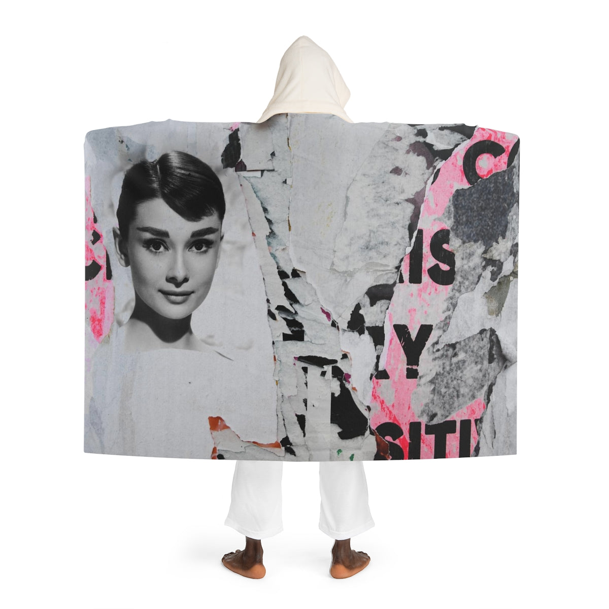 Audrey Hepburn Hooded Sherpa Fleece Blanket, Hooded Shrug - Hot Pink Torn Poster