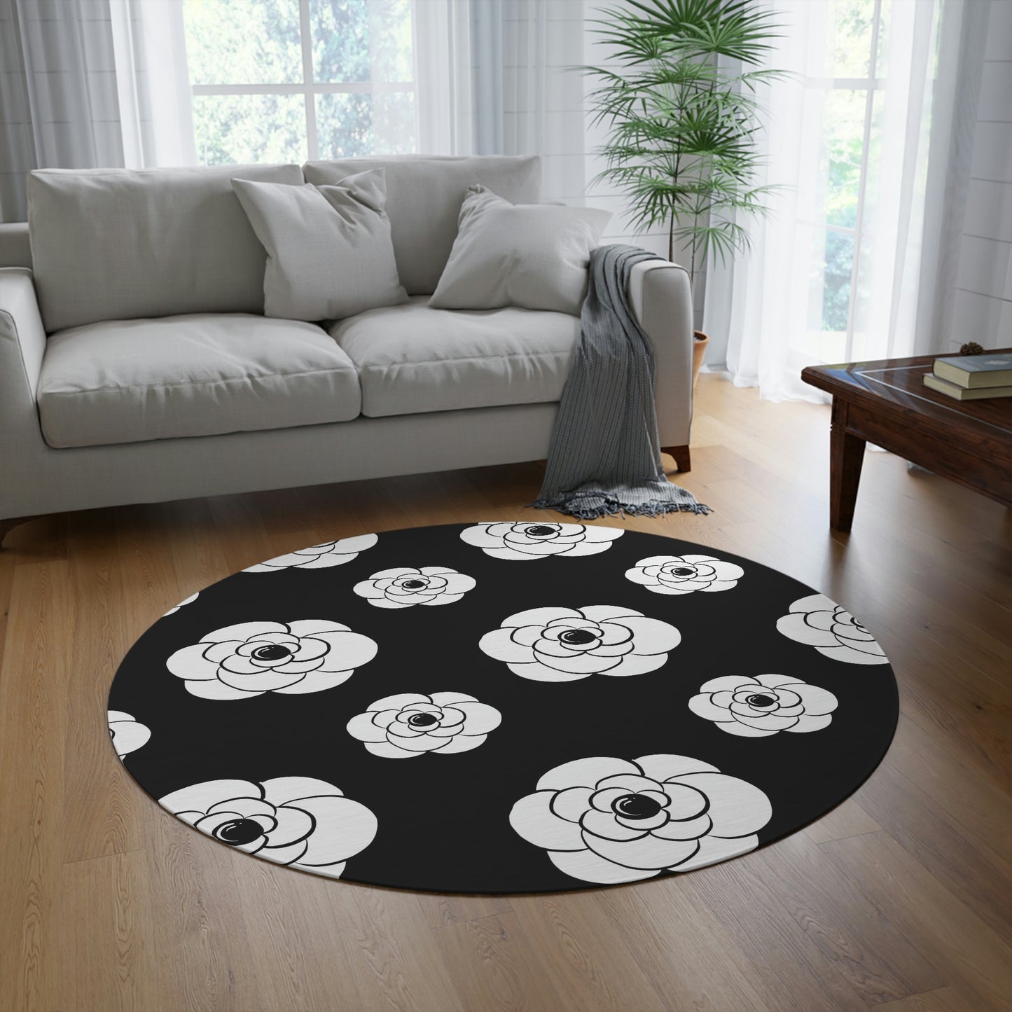 Black and White Camellia Flower Round Chenille Floor Mat - 60 Inch Custom Logo Round Rug - Custom and Personalized Black Noir Designer Rug