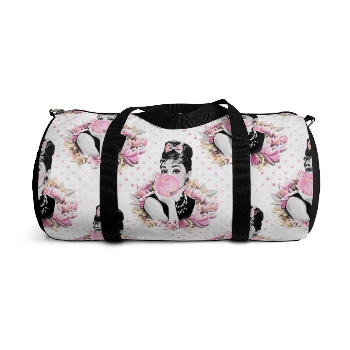 Personalized Audrey Hepburn Duffel Bag - Pink Bubblegum Polka Dot