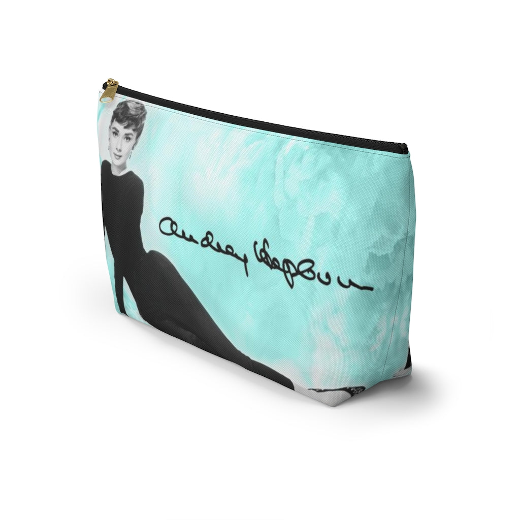 Audrey Hepburn Signature Cosmetic Pouch w T-bottom, Accessory Pouch, Blue Green