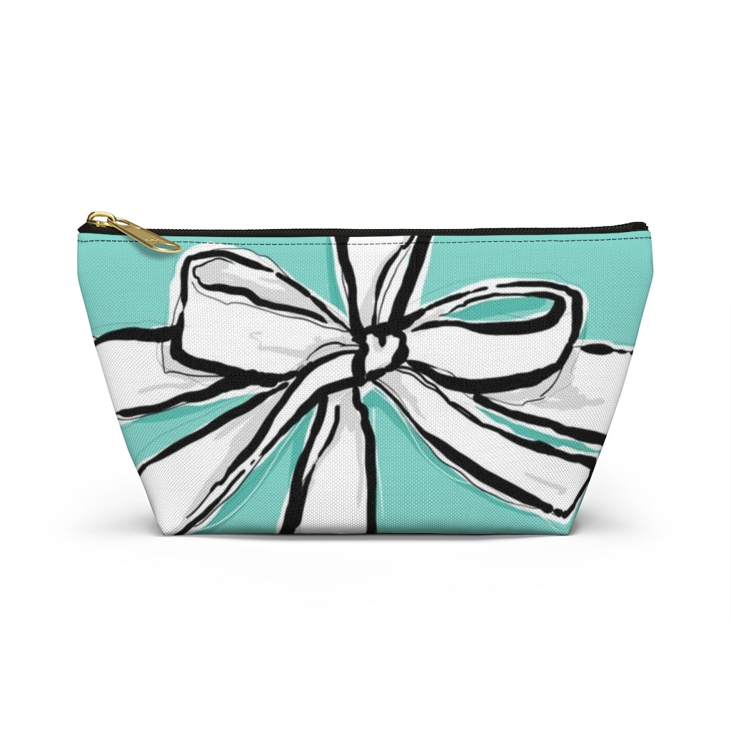 Blue Green Bow Cosmetic Pouch w T-bottom, Accessory Pouch, Breakfast at Tiffany