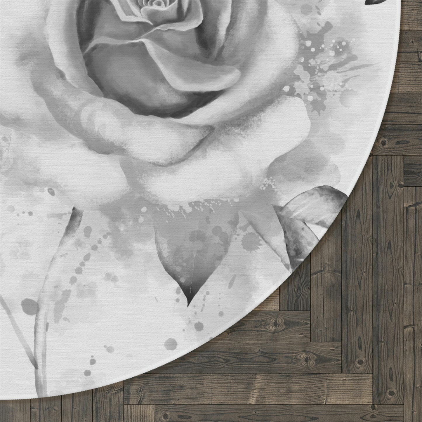 Custom White Rose Round Chenille Rug - 60 Inch Round Floor Mat - Low Profile Throw Rug - Grey and White Designer Area Rug