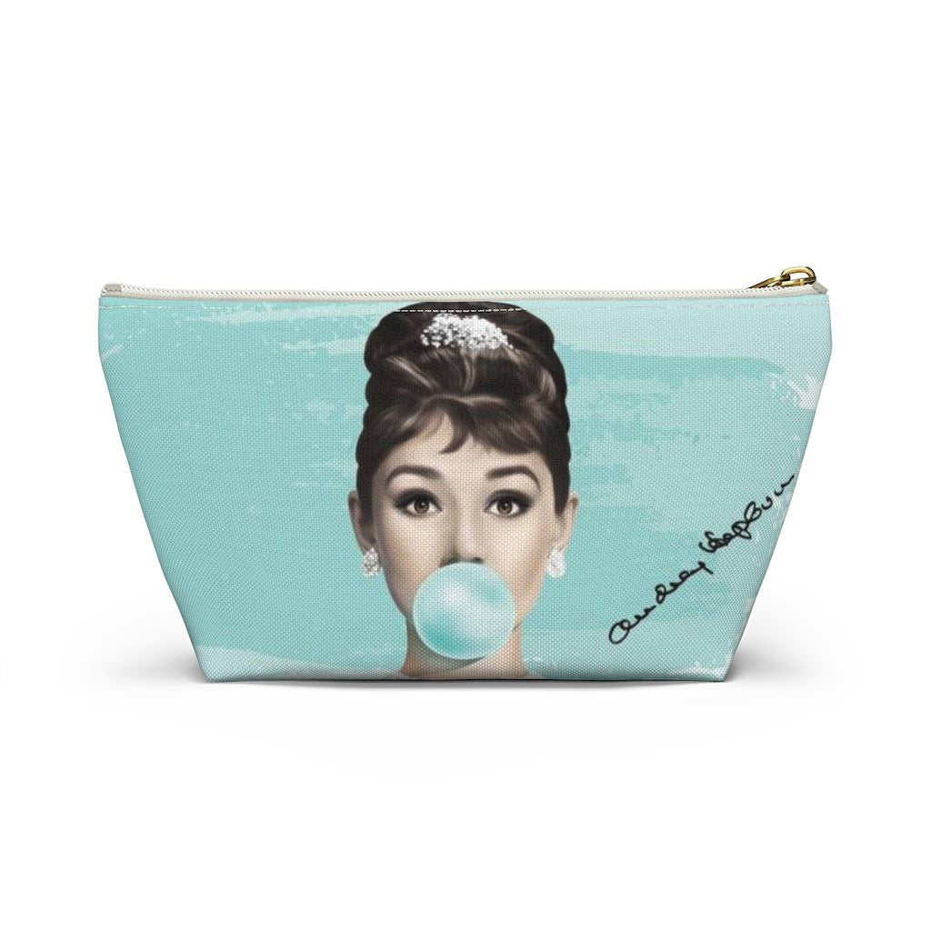 Audrey Hepburn Cosmetic Pouch w T-bottom, Accessory Pouch, Blue Green Signature