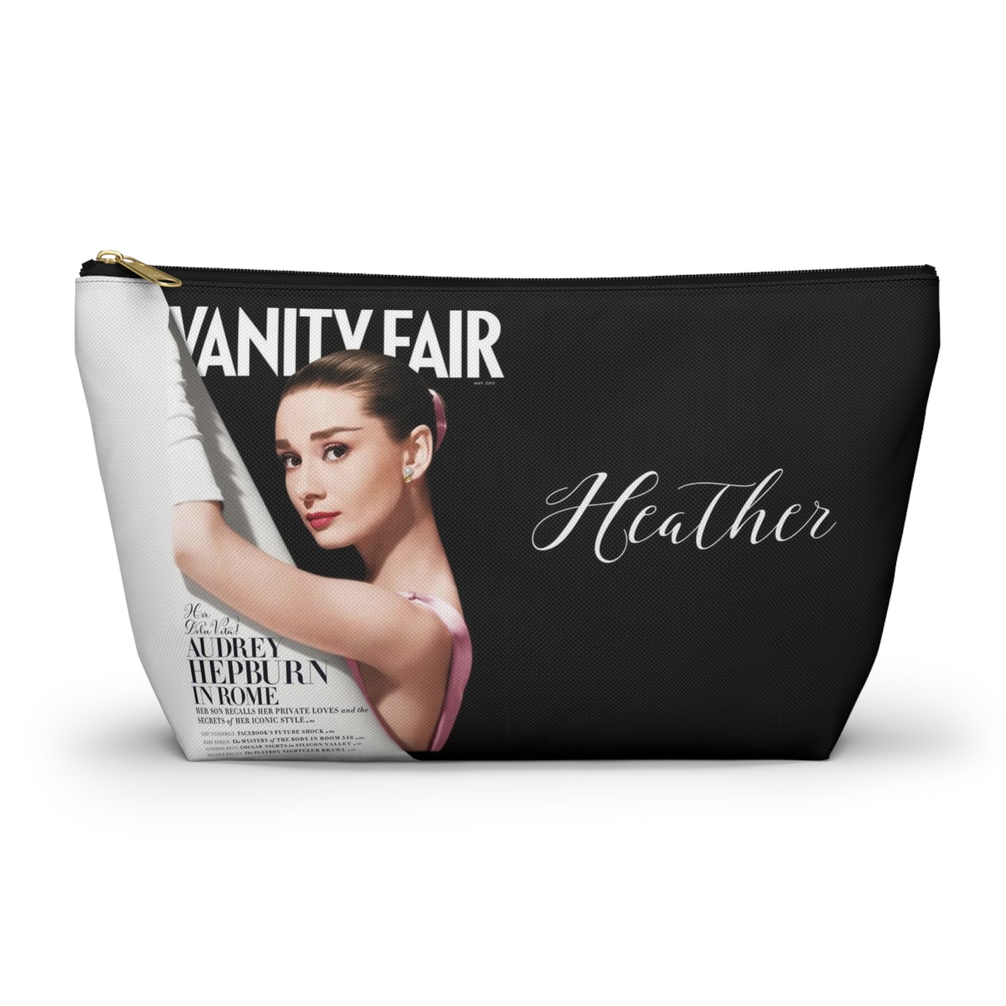 Personalized Audrey Hepburn Cosmetic Pouch w T-bottom, Accessory Pouch - Audrey Hepburn Vanity Fair Color Block Bag