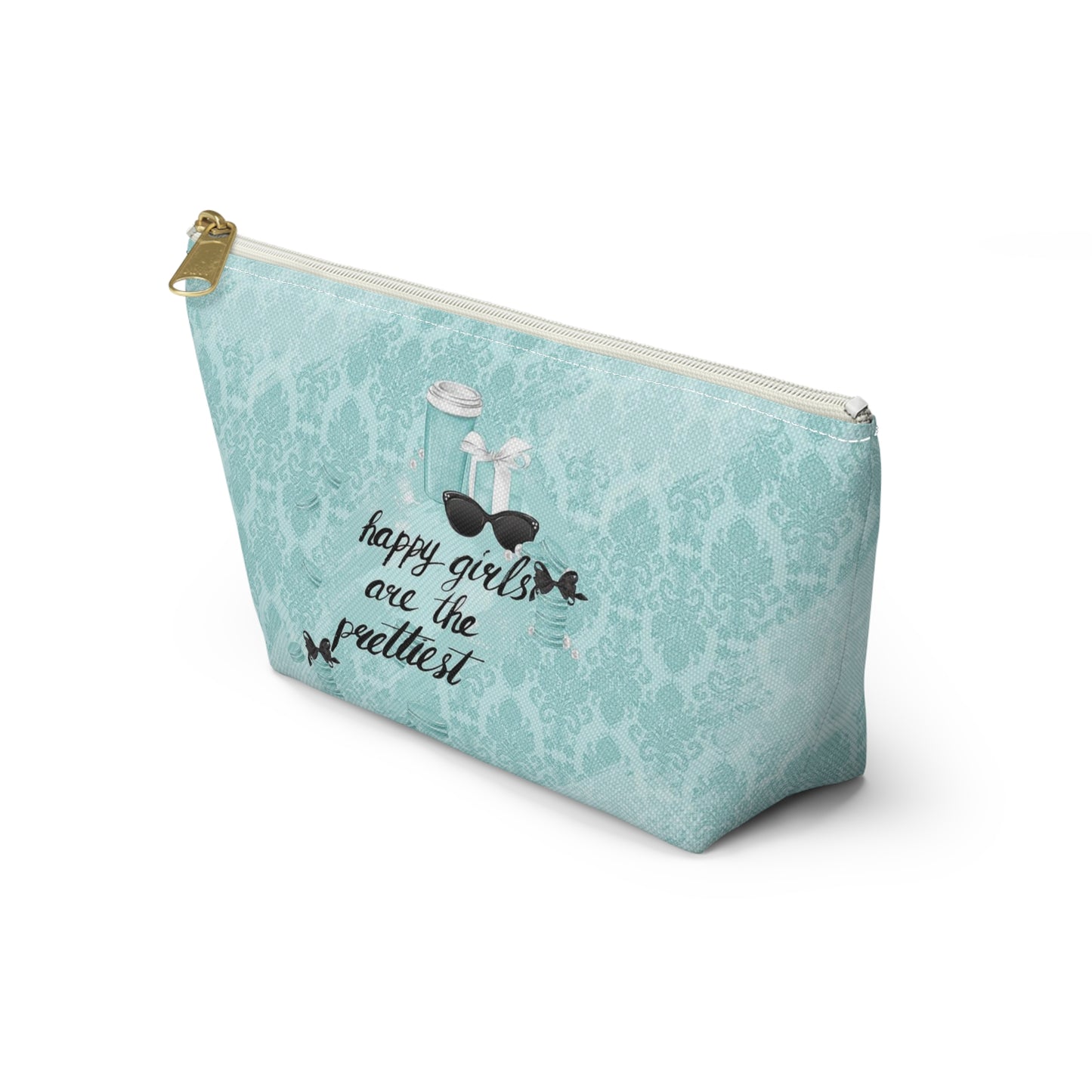 Happy Girls are the Prettiest Cosmetic Pouch w T-bottom, Accessory Pouch, Breakfast at Tiffany