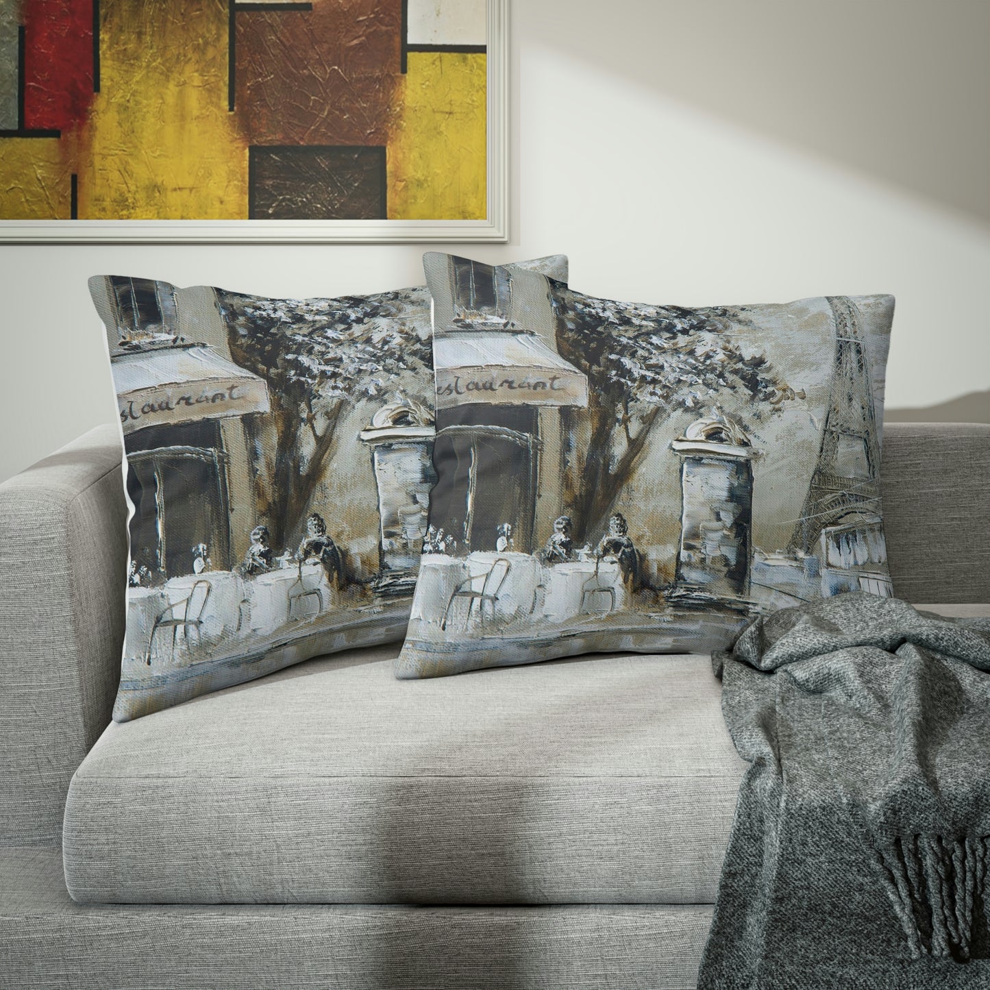 Cafe in Paris Pillow Shams - Eiffel Tower Painting Pillow Shams - Standard or King Pillow Size - Abstract Sepia Painting Bed Pillow Shams