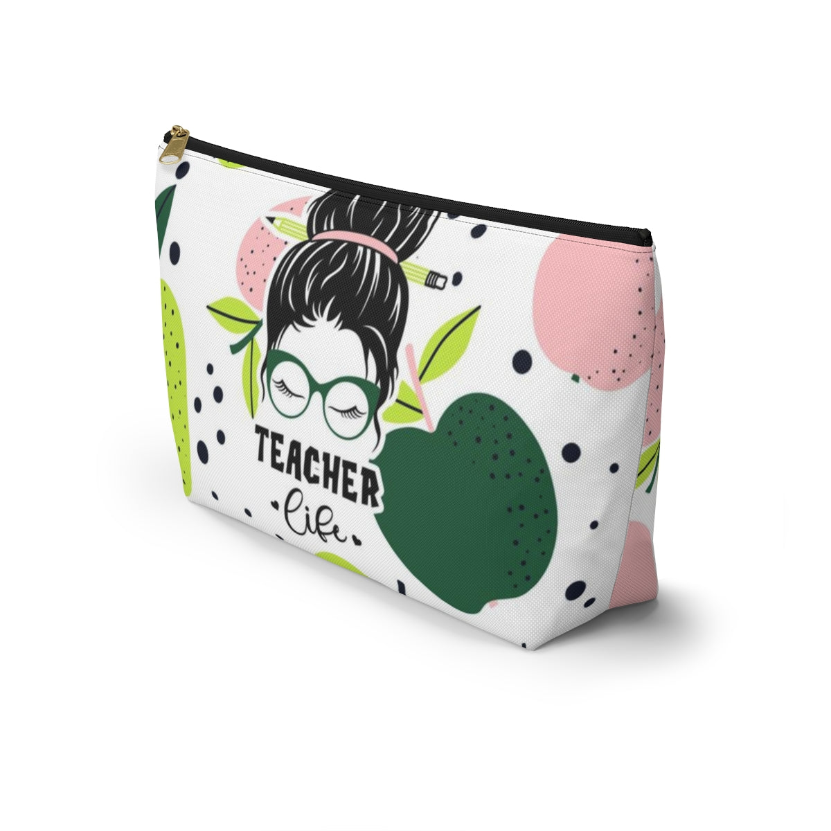 Teacher Life Cosmetic Pouch w T-bottom, Accessory Pouch, Pink and Green Apple Dot