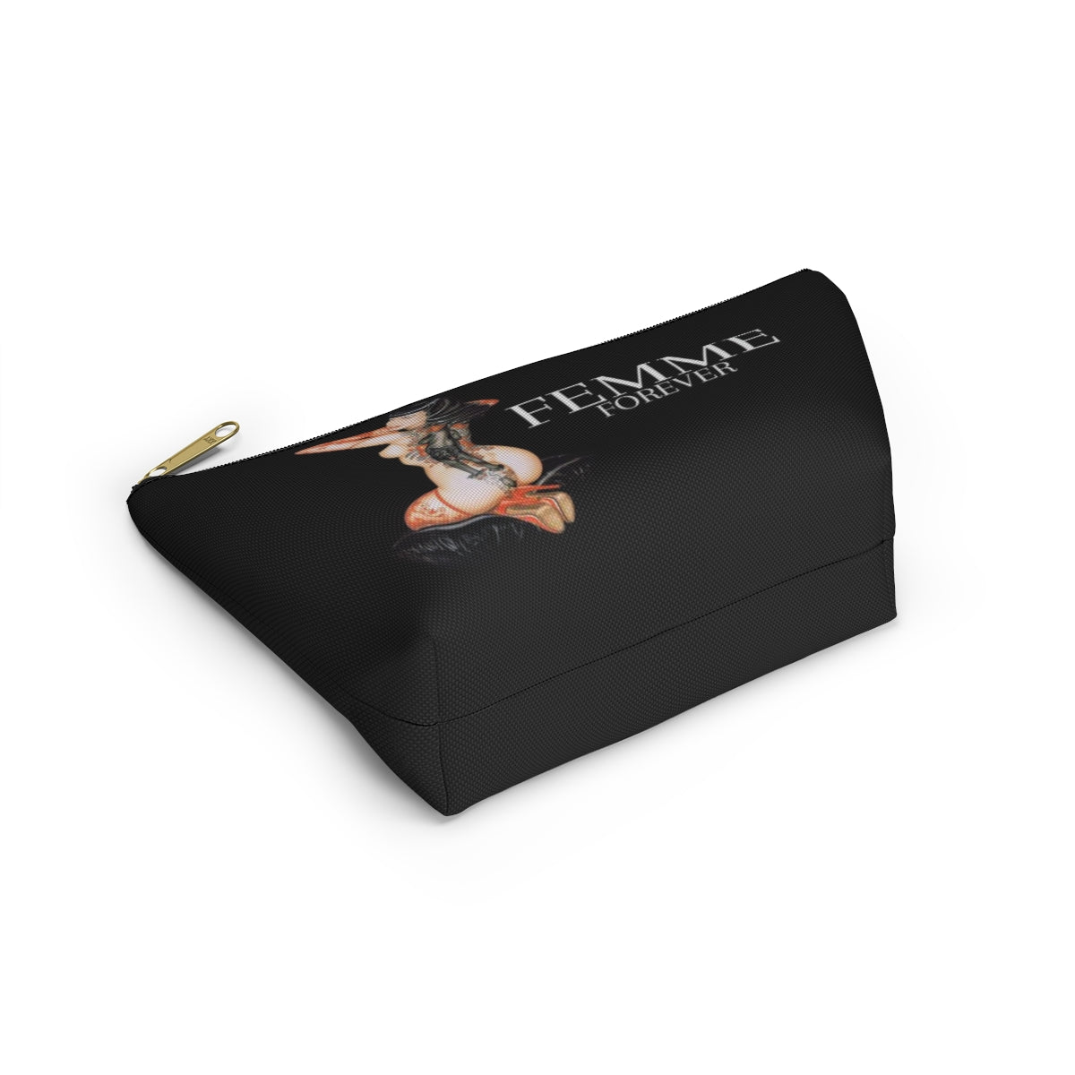 Pinup Girl Cosmetic Pouch w T-bottom, Accessory Pouch - Femme Forever Black Cat Tattoo Pinup Girl