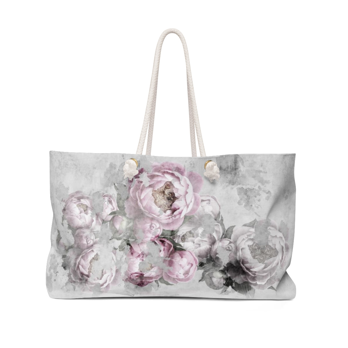 Personalized Peony Tote Bag - Weekender Bag, Rope Tote, Antiqued Pink and Grey