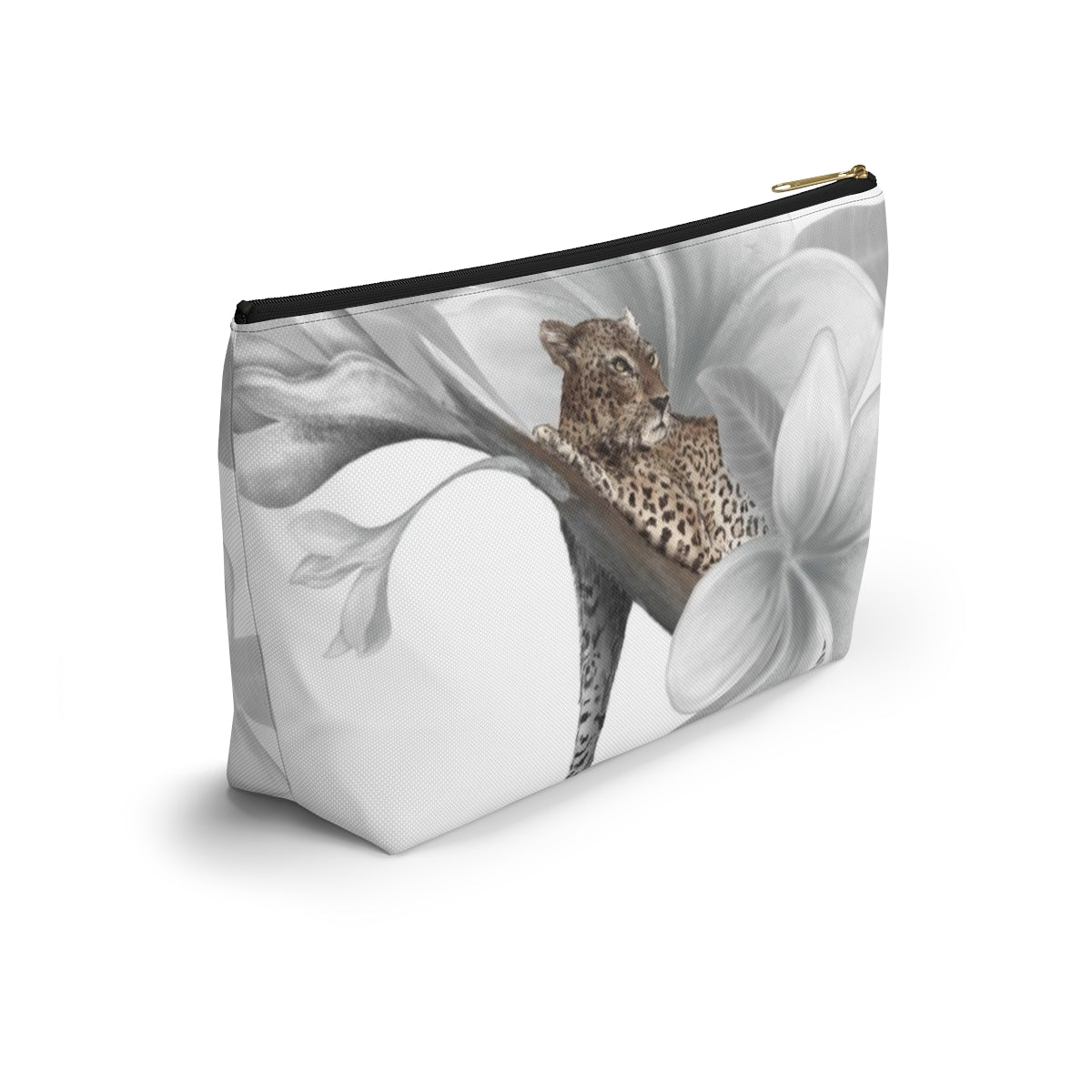 Leopard Cosmetic Pouch w T-bottom, Accessory Pouch - Leopard White Plumeria