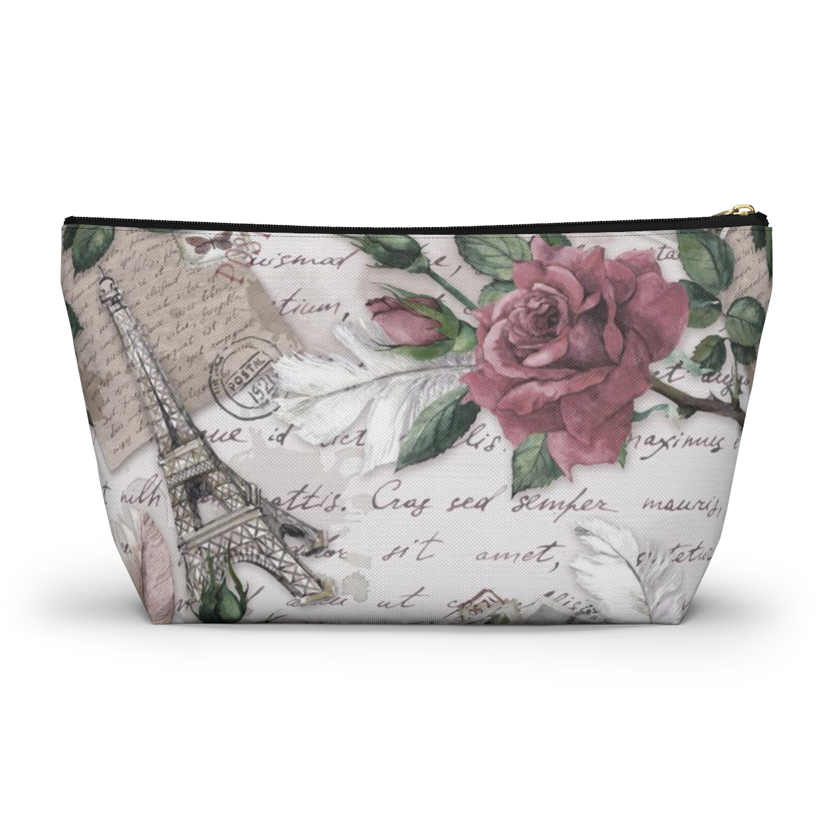 Eiffel Tower Cosmetic Pouch w T-bottom, Accessory Pouch - Pink Rose Love Letters from Paris