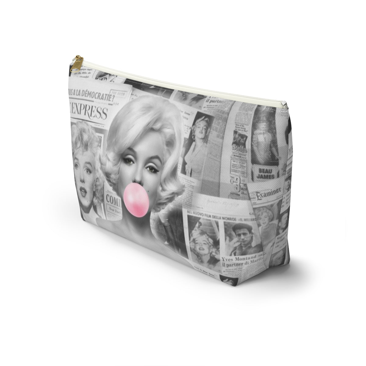 Marilyn Monroe Cosmetic Pouch w T-bottom, Accessory Pouch - Marilyn Bubblegum Pink International News Makeup Bag