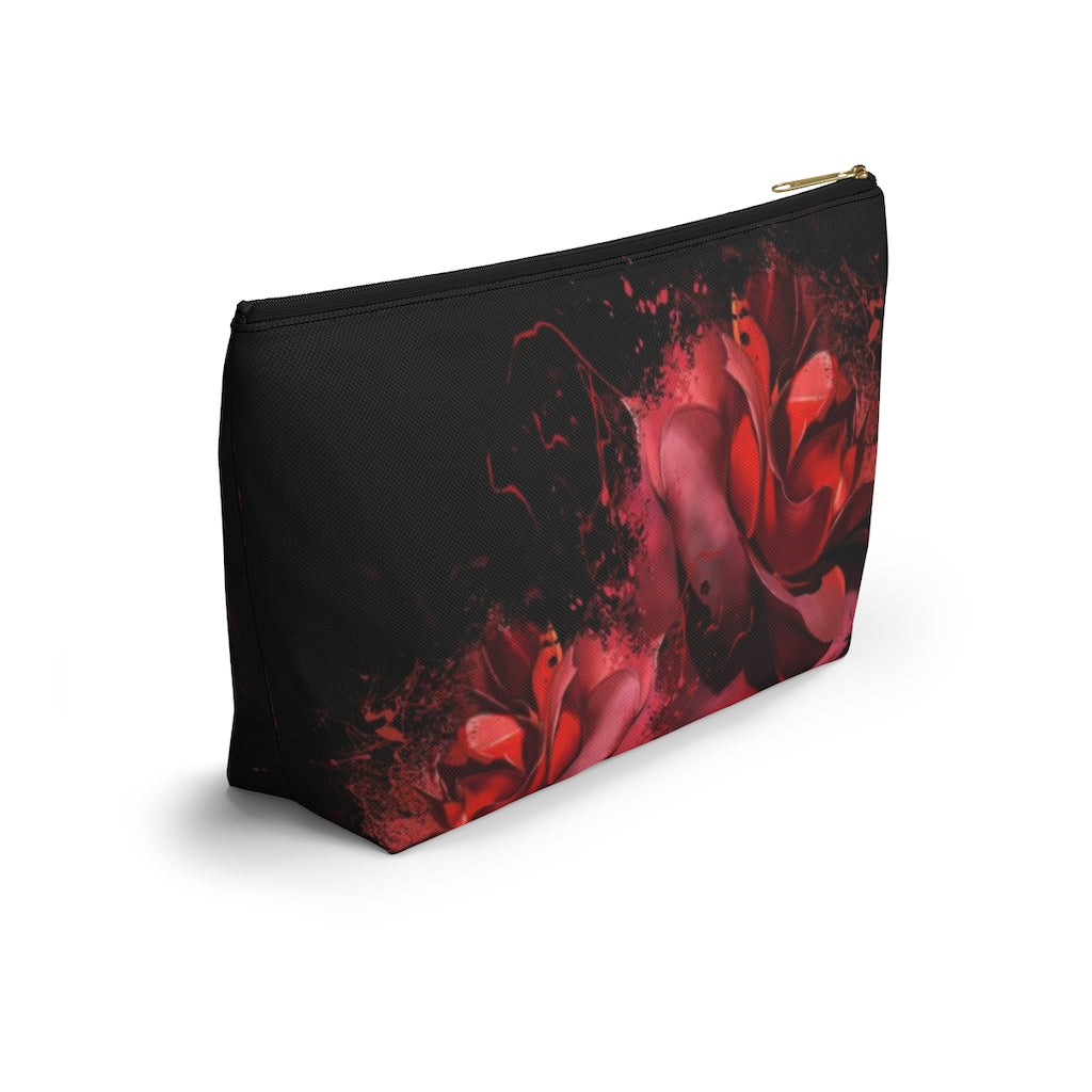 Painted Rose Cosmetic Pouch w T-bottom, Accessory Pouch, Red