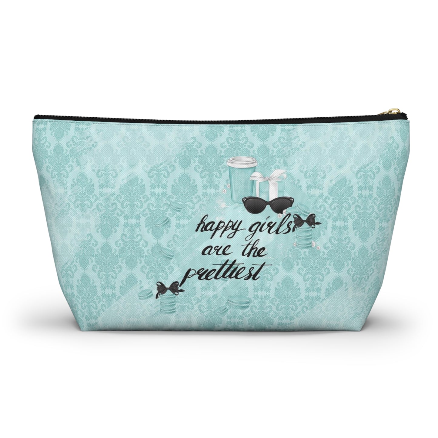 Happy Girls are the Prettiest Cosmetic Pouch w T-bottom, Accessory Pouch, Breakfast at Tiffany