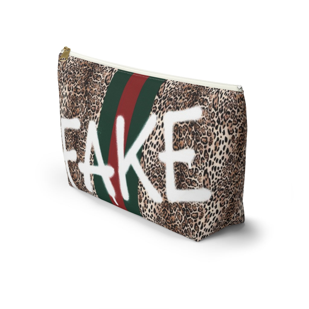 FAKE Fashion Cosmetic Pouch w T-bottom, Accessory Pouch, Leopard Red Green Stripe