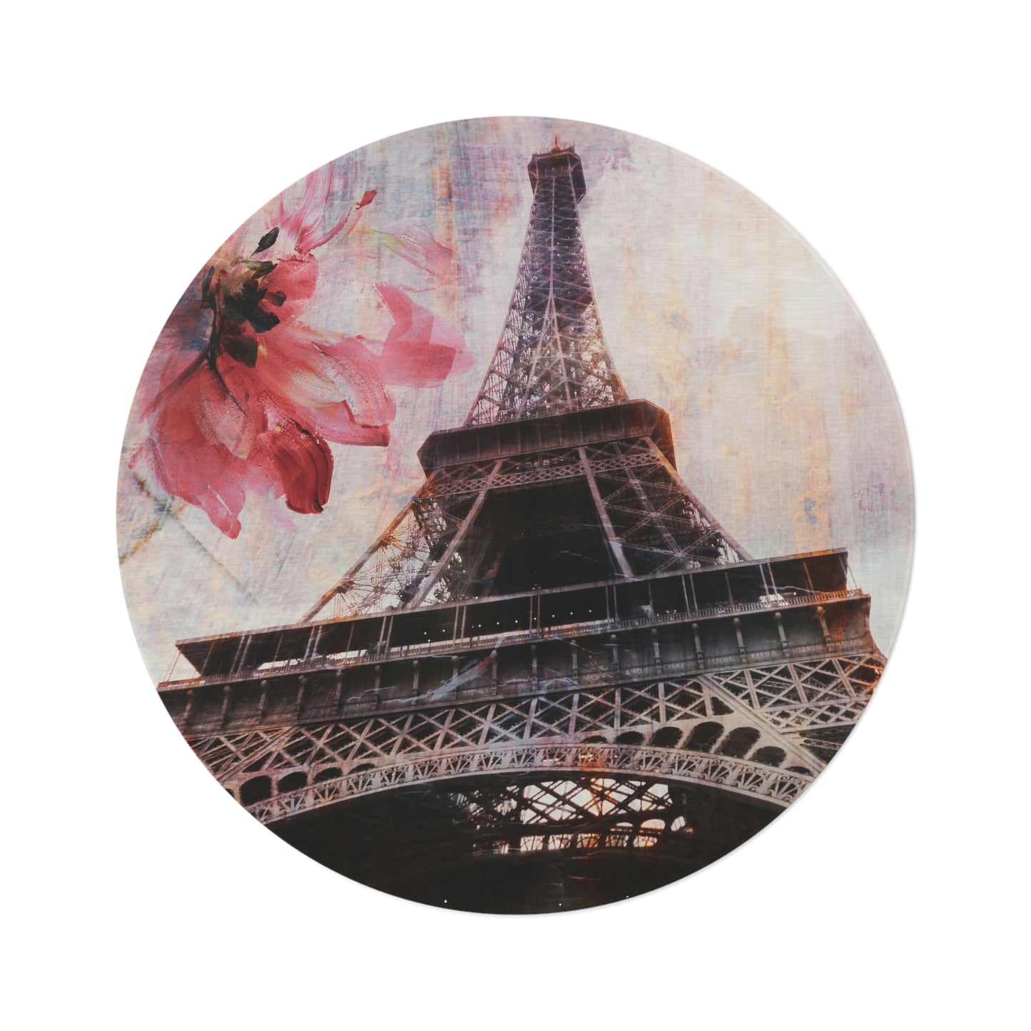 Eiffel Tower Round Chenille Round Rug - 60 Inch Floor Mat - Custom and Personalized Rug - Abstract Paris Red Flower