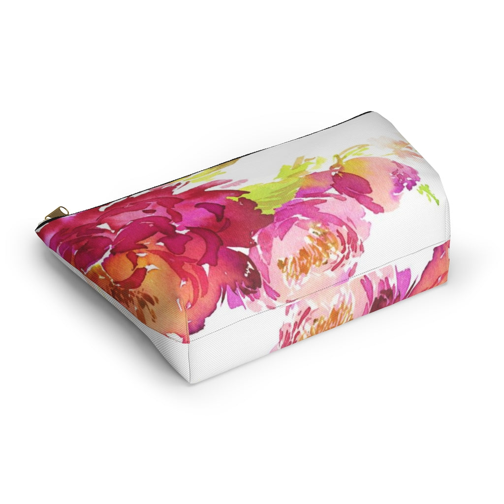 Bright Floral Cosmetic Pouch w T-bottom, Accessory Pouch, Pink