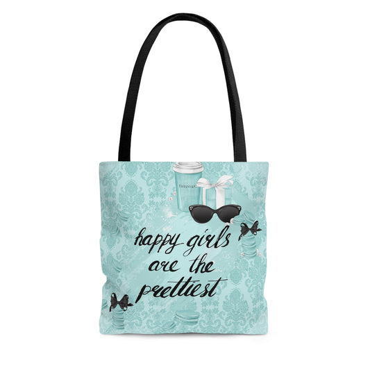 Happy Girls are the Prettiest Canvas Tote Bag, Basic Square Tote - Breakfast at Tiffany Inspired, Paris Blue Tote