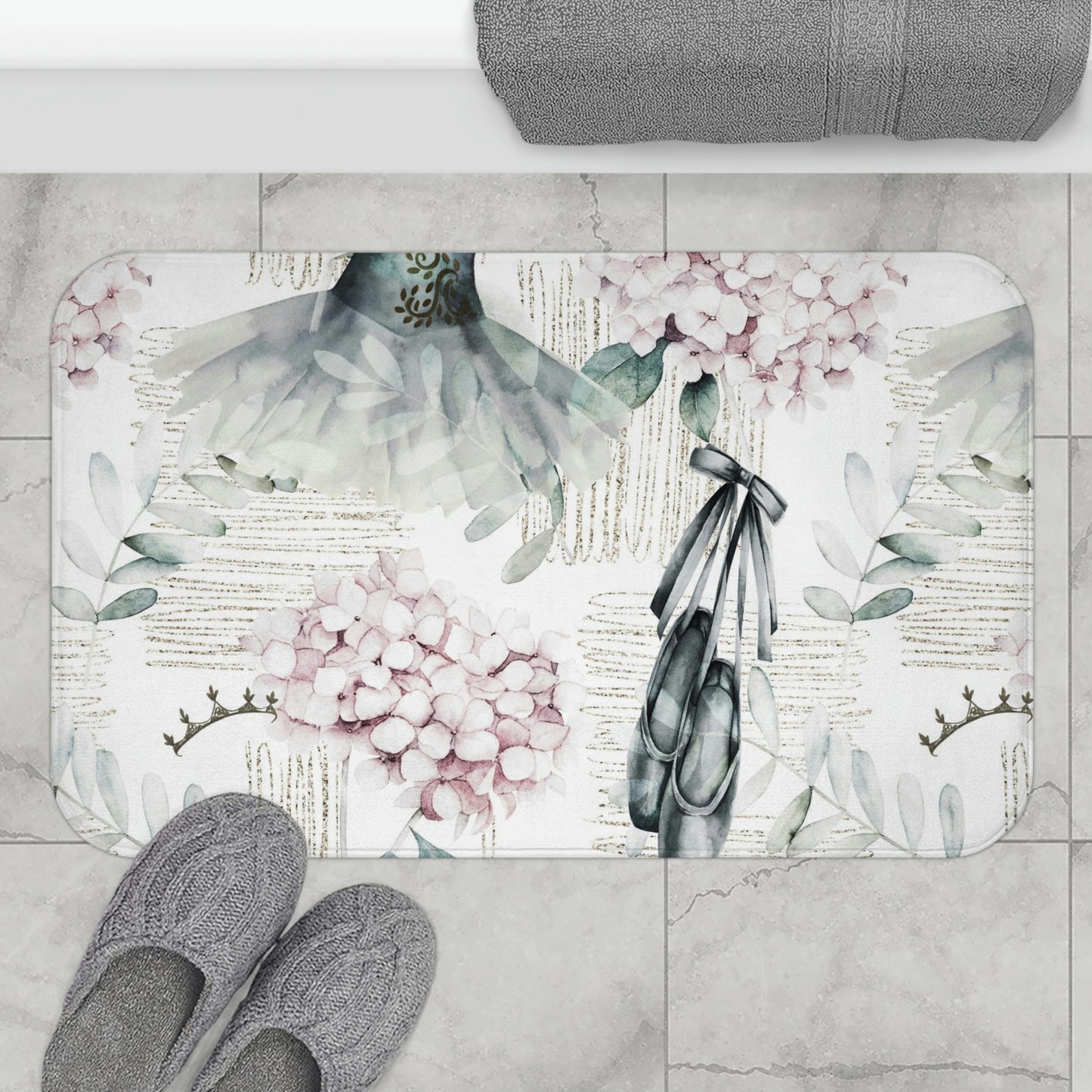 Ballet Bath Mat - Personalized Ballet Floor Mat - Ballet Slippers Pink Hydrangea Fashion Bathroom Shower Mat