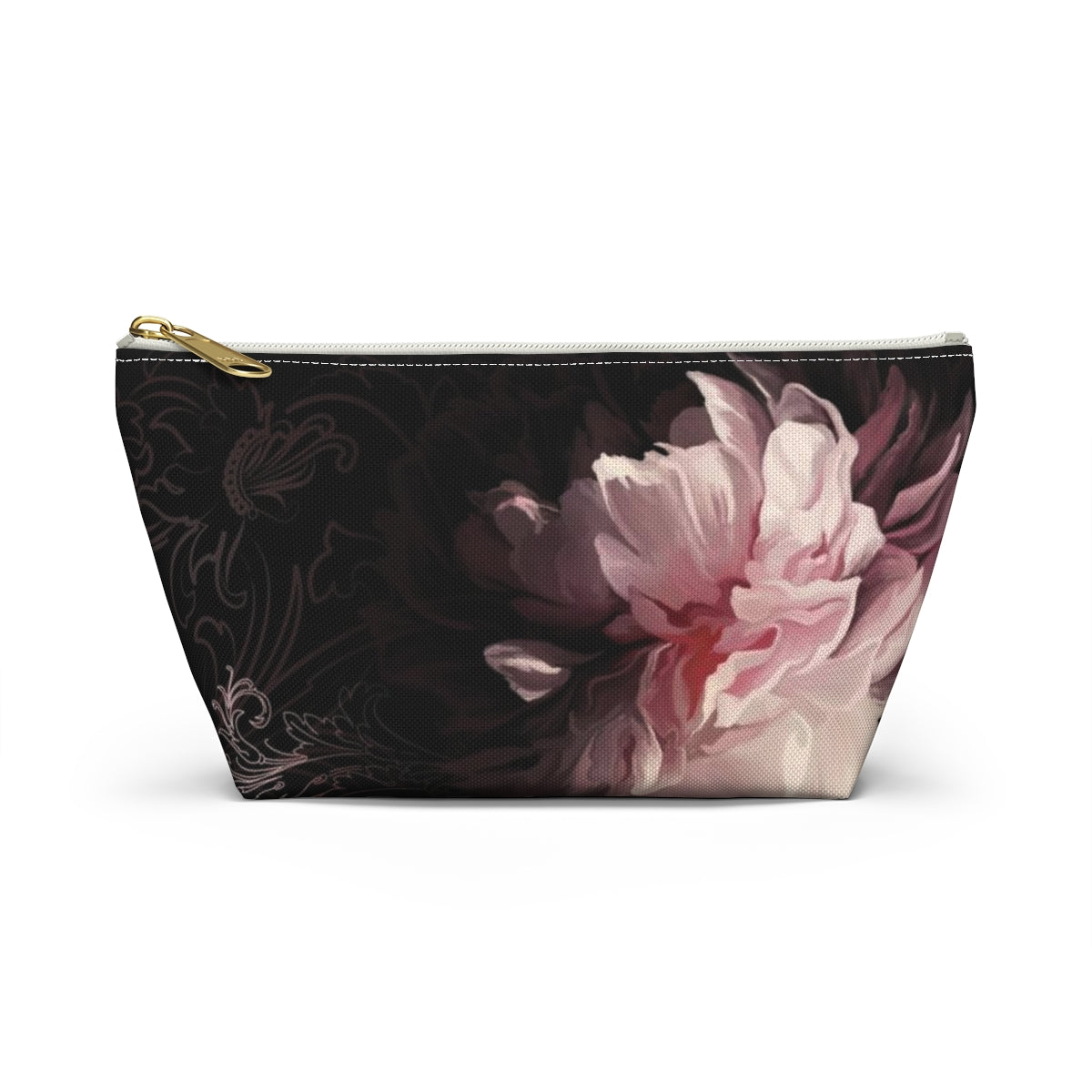 Peony Cosmetic Pouch w T-bottom, Accessory Pouch, Pink Scroll