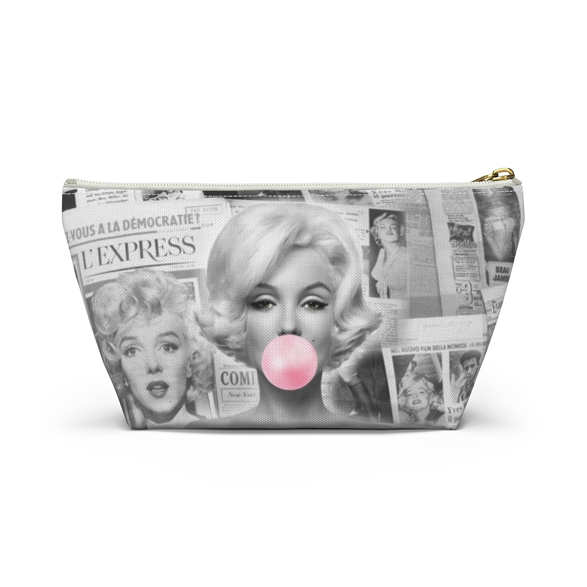 Marilyn Monroe Cosmetic Pouch w T-bottom, Accessory Pouch - Marilyn Bubblegum Pink International News Makeup Bag