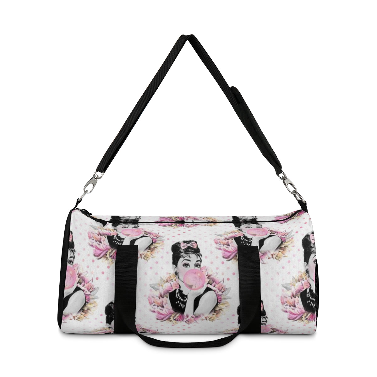 Personalized Audrey Hepburn Duffel Bag - Pink Bubblegum Polka Dot