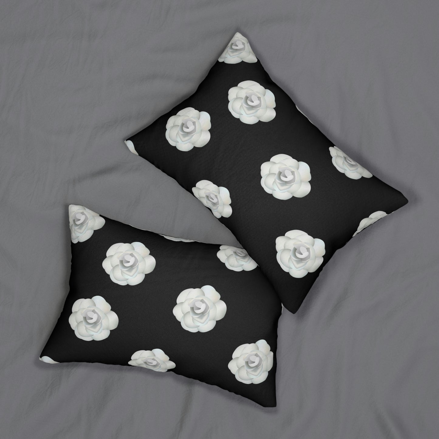 Camillia Flower Lumbar Pillow - Black and White White Rose Decorative Throw Pillow = Black Noir Rose Rectangle Back Pillow