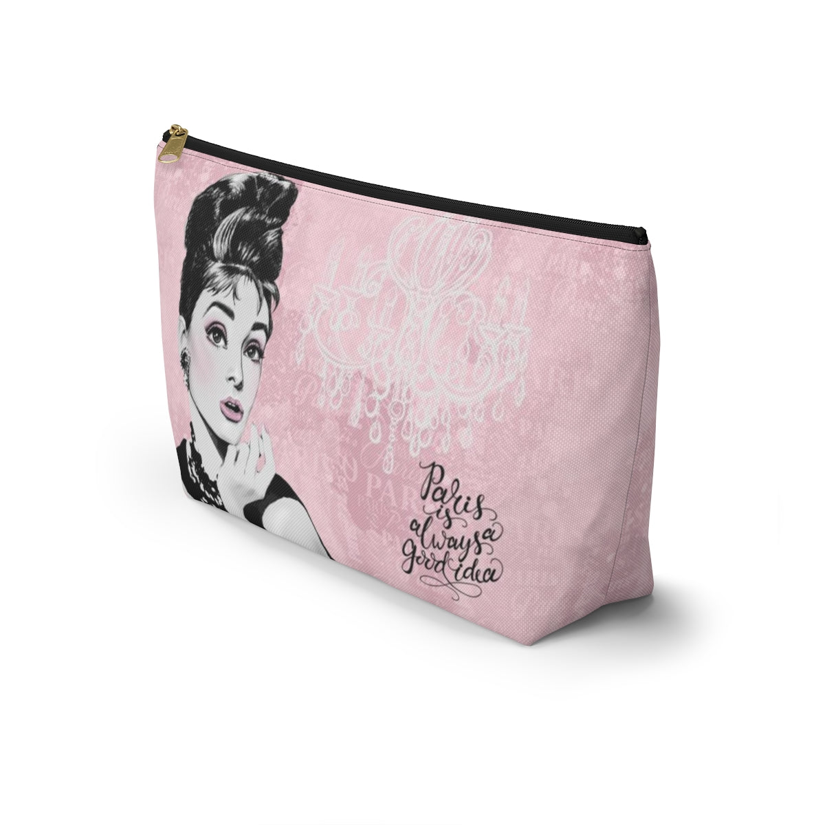 Audrey Hepburn Pouch w T-bottom, Accessory Pouch - Pink Paris is Always a Good Idea Chandelier Bag