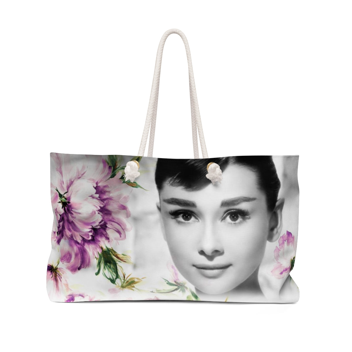 Audrey Hepburn Tote Bag - Weekender Bag, Rope Tote, Purple Flower