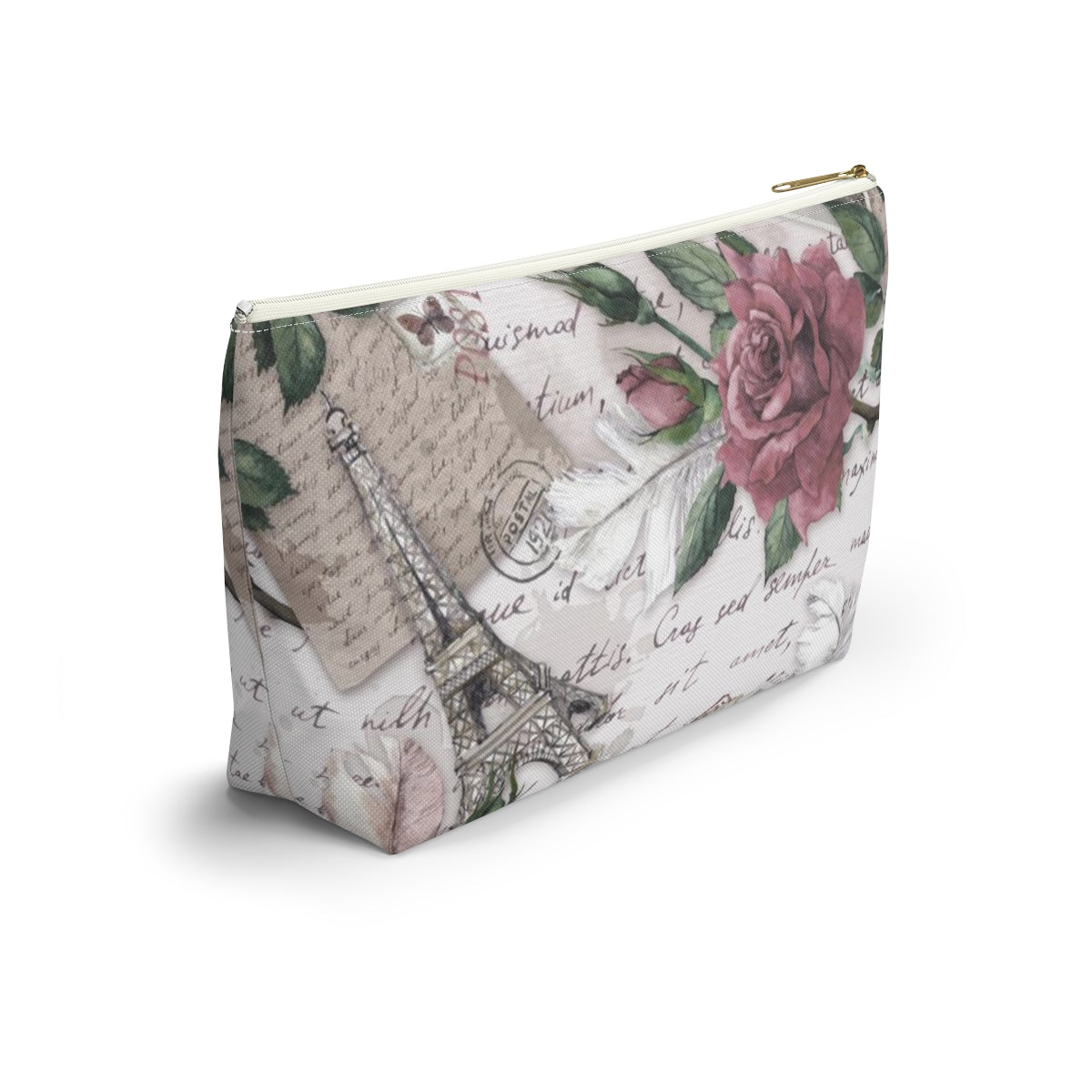 Eiffel Tower Cosmetic Pouch w T-bottom, Accessory Pouch - Pink Rose Love Letters from Paris