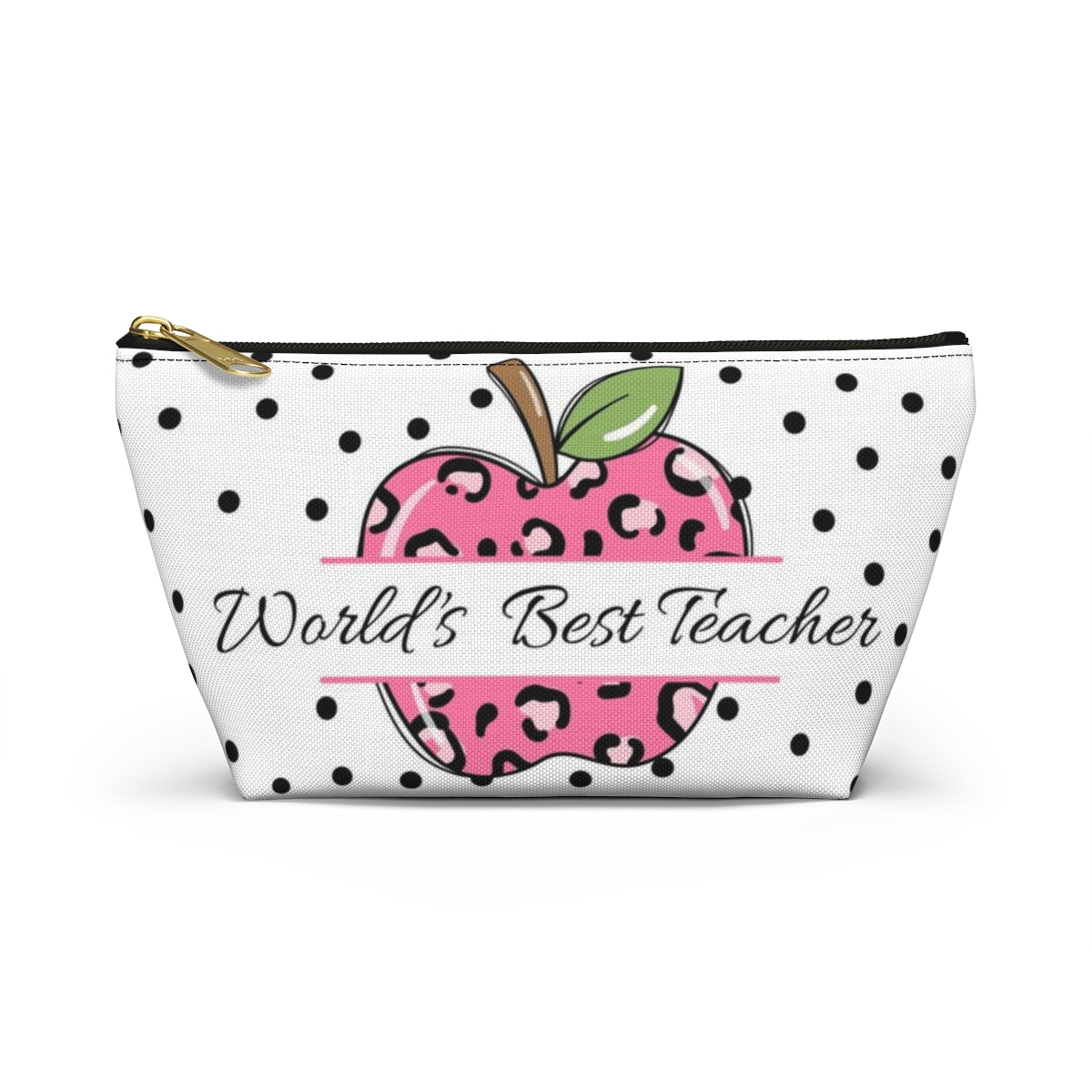 Personalized World's Best Teacher Cosmetic Pouch w T-bottom, Accessory Pouch, Pink Leopard Apple Dot