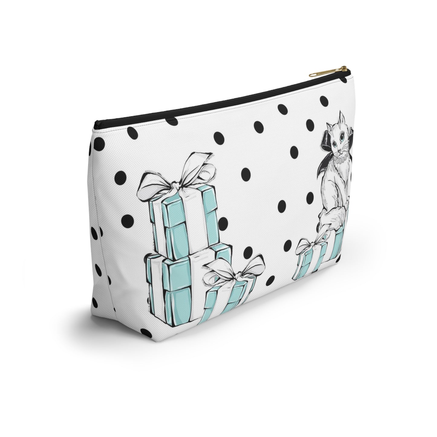 Personalized Kitty Cat Cosmetic Pouch w T-bottom, Accessory Pouch, Cats Polka Dot Breakfast at Tiffany